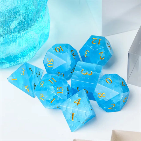 Blue Cat Eye Glass Dice Engraved with Gold