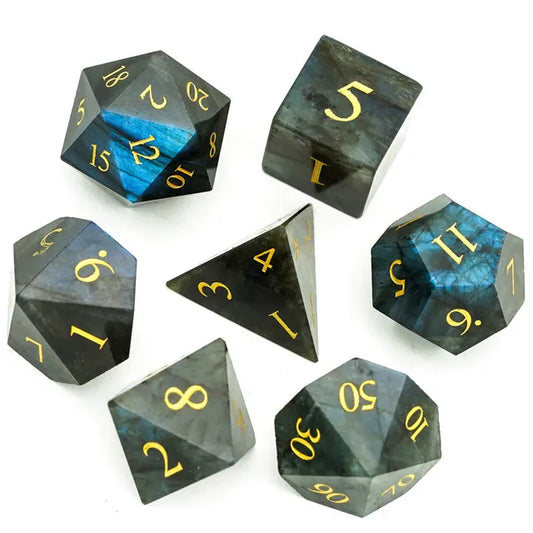 Labradorite Moonstone Gemstone Dice Engraved with Gold