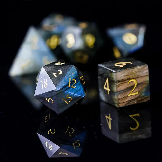 Labradorite Moonstone Gemstone Dice Engraved with Gold
