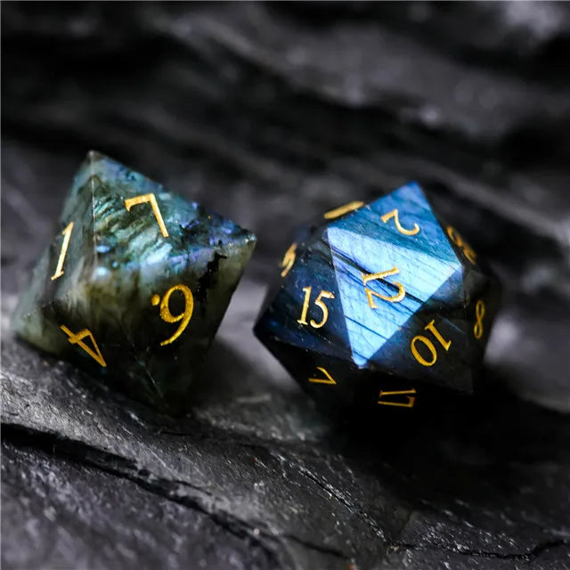 Labradorite Moonstone Gemstone Dice Engraved with Gold