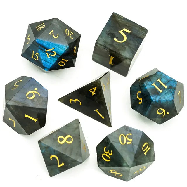 Labradorite Moonstone Gemstone Dice Engraved with Gold