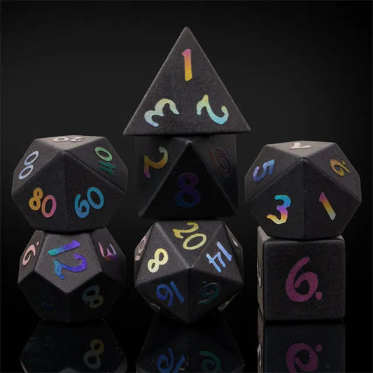 Obsidian Semi-Precious Gemstone Dice with Embossed Rainbow Font