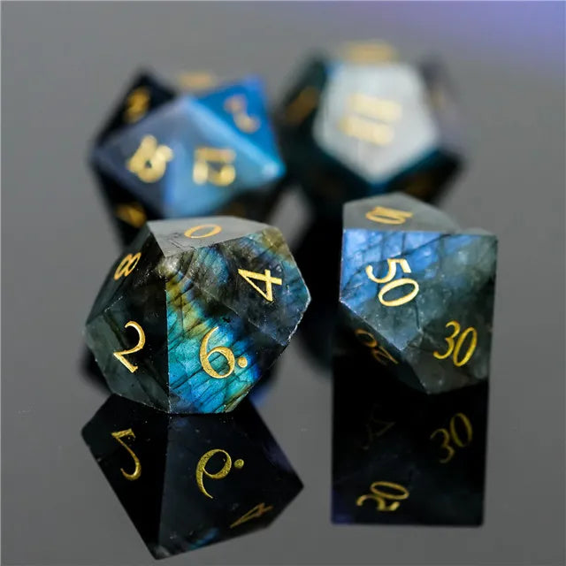 Labradorite Moonstone Gemstone Dice Engraved with Gold