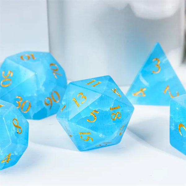 Blue Cat Eye Glass Dice Engraved with Gold