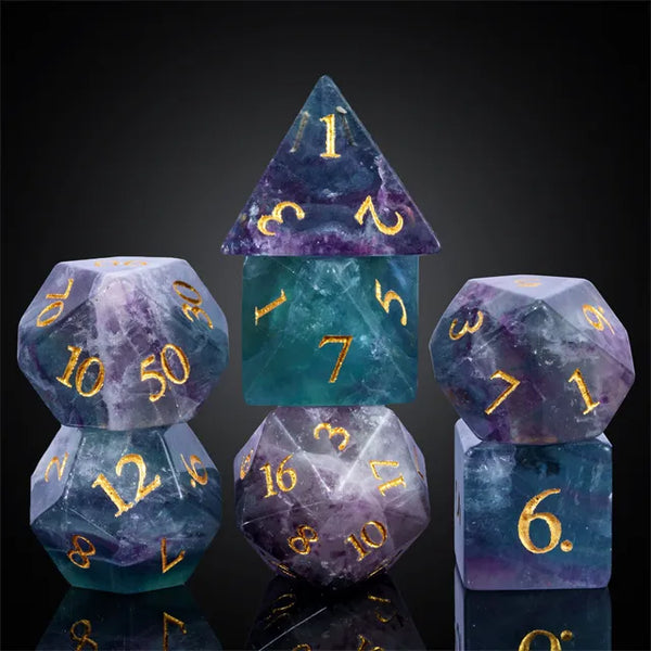 Amethyst Fluorite Crystal Gemstone Dice Engraved with Gold