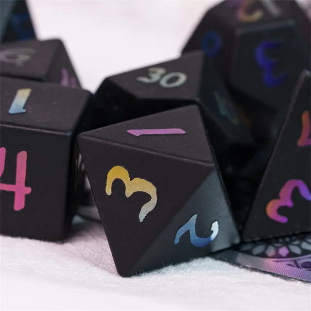 Obsidian Semi-Precious Gemstone Dice with Embossed Rainbow Font