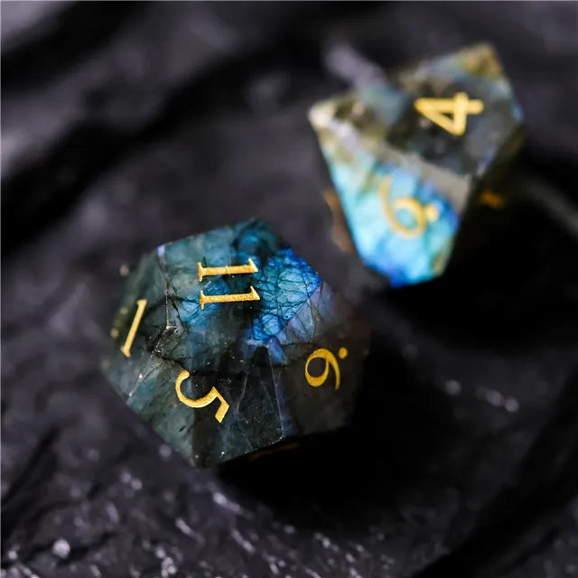 Labradorite Moonstone Gemstone Dice Engraved with Gold