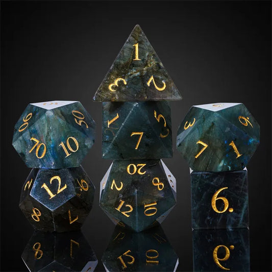 Labradorite Moonstone Gemstone Dice Engraved with Gold