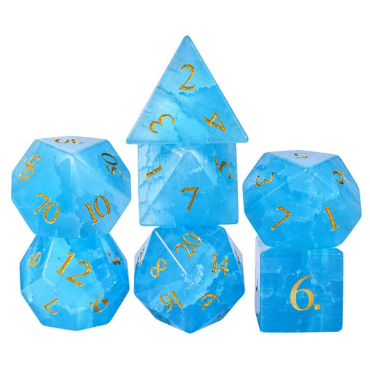Blue Cat Eye Glass Dice Engraved with Gold